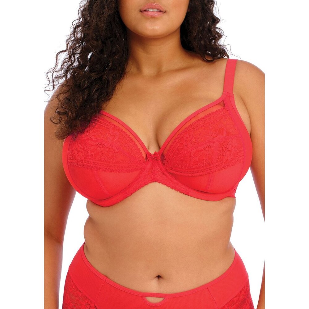 Elomi 40K Cherry Red Kendra Plunge Bra Sheer Unlined Underwire Lace el301602chr